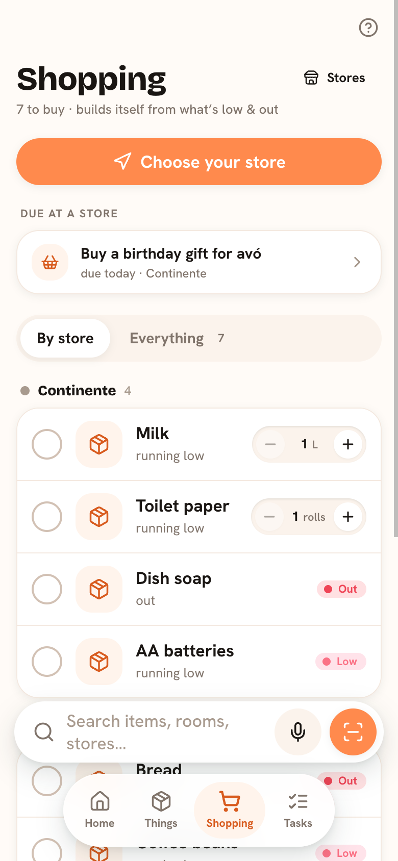 The shared shopping list, grouped by store.