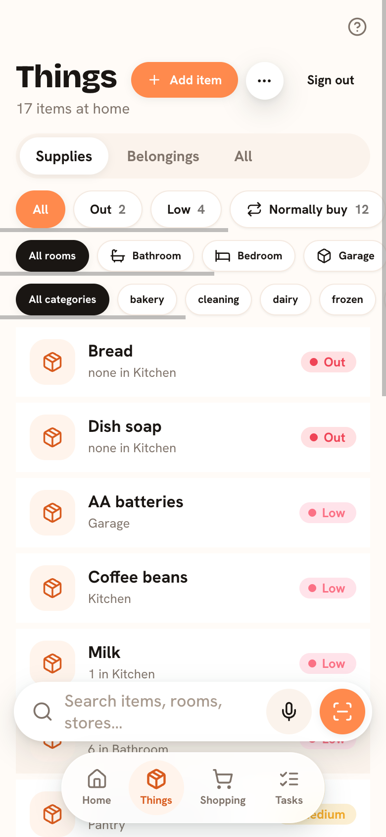 The Things tab: every supply at home with its status — Full, Med, Low, or Out.